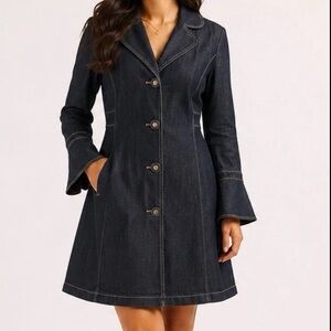 BISOU BISOU Denim Coatdress Coat Womens XS Indigo Blue Bell Sleeves Jeans Jacket